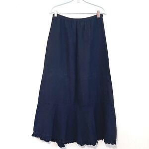 Vintage Match Point Linen Maxi Skirt Womens M Black Boho Lagenlook Ruffle A-Line